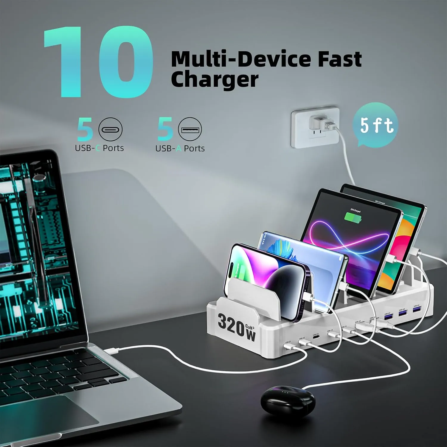 320W Charging Station for Multiple Devices, Zobirez 10-Port USB C Fast Charger Stations for MacBook, iPhone, Android Cell Phone, iPad, Tablet, Family Multi-Device Organizer Charging Dock, White