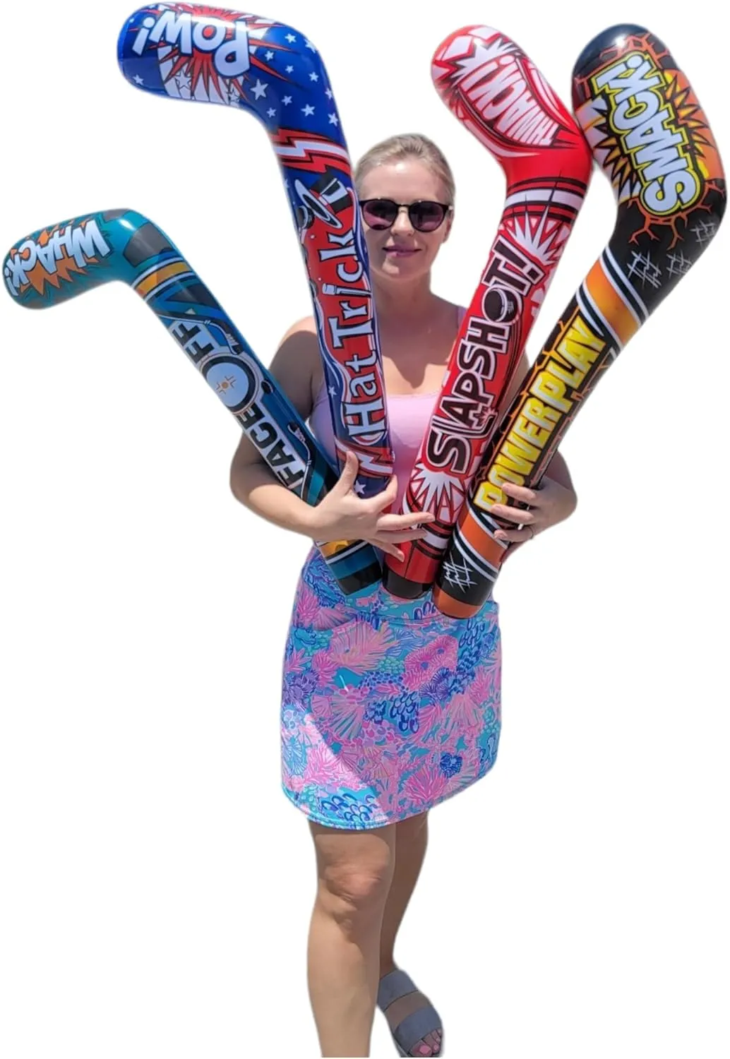 35" Inflatable Hockey Sticks (4 Designs) Splash it! Thwack! Hat Trick. Pow! Power Play Smack! Face Off! Whack! Colorful. Vinyl. Great Party Favor (8 Pack - 4 Designs)