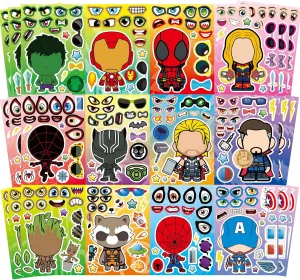 36 Pieces Make-a-face Stickers Pack, Mixed & Matched with 9 Heroes Characters(4 of Each) Stickers, Make Your Own Stickers for Kids Teens Party Decoration, Reward, Decor