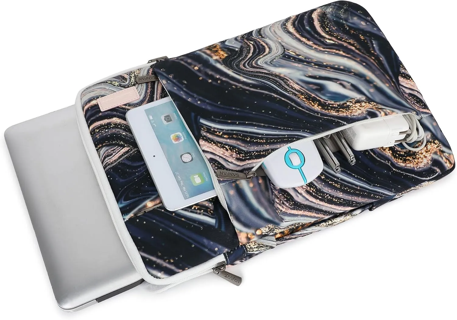 360° Protective Laptop Sleeve Case Bag with Muti-Pockets,Handle and Luggage Strap for iPad 12.9 inch,MacBook Pro Air 13" and 12.5 inch-13.3 inch Screen Laptop (Black Marble)