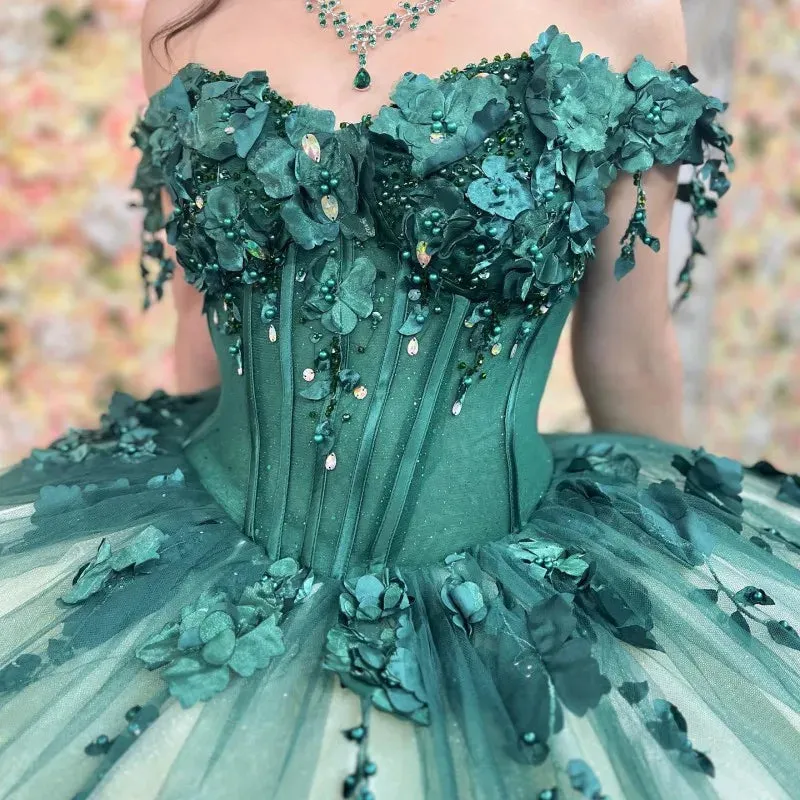 3D Flowers Off Shoulder Tulle Appliques Beaded Pageant Lace Up Quinceanera Dress
