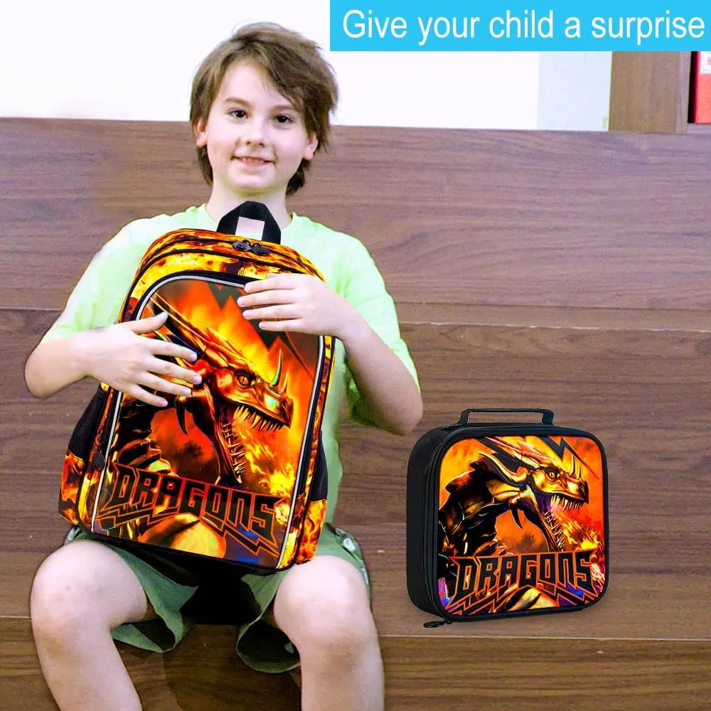 3Pcs Boys Backpack, 16" Kids Bookbag with Lunch Box, Dragon School Bags for Elementary Preschool Kindergarten (Orange)
