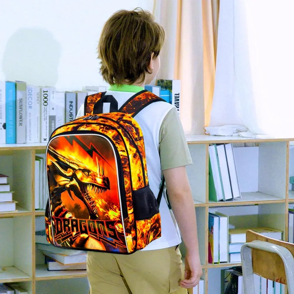 3Pcs Boys Backpack, 16" Kids Bookbag with Lunch Box, Dragon School Bags for Elementary Preschool Kindergarten (Orange)