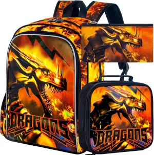 3Pcs Boys Backpack, 16" Kids Bookbag with Lunch Box, Dragon School Bags for Elementary Preschool Kindergarten (Orange)