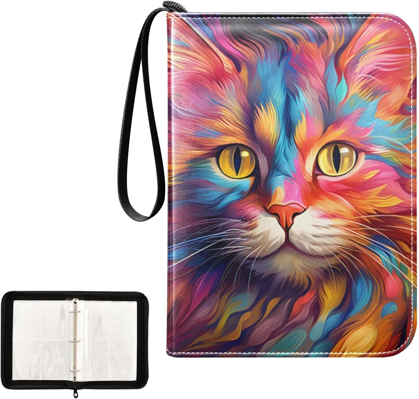 4 Pockets Trading Card Album Holder Book Folder Sports Card Binder Cat Colorful 400 Double Side Pockets for 3 Ring Binder Zipper