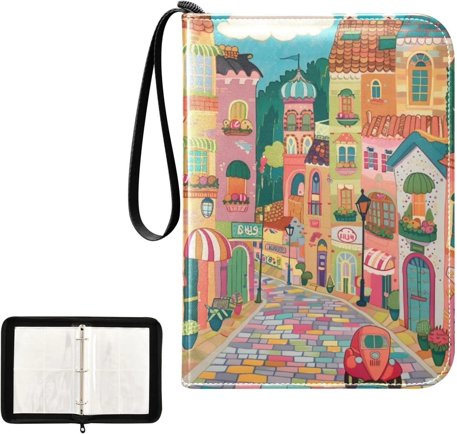 4 Pockets Trading Card Album Holder Book Folder Sports Card Binder Colorful Town 400 Double Side Pockets for 3 Ring Binder Zipper