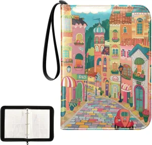 4 Pockets Trading Card Album Holder Book Folder Sports Card Binder Colorful Town 400 Double Side Pockets for 3 Ring Binder Zipper