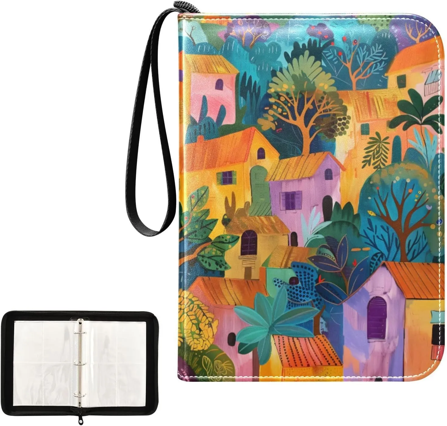4 Pockets Trading Card Album Holder Book Folder Sports Card Binder Colorful Village 400 Double Side Pockets for 3 Ring Binder Zipper