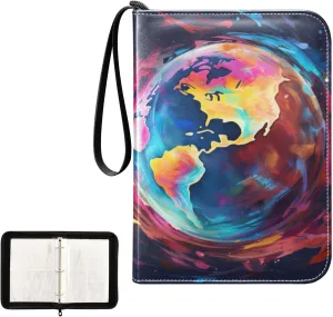 4 Pockets Trading Card Album Holder Book Folder Sports Card Binder Earth Colorful 400 Double Side Pockets for 3 Ring Binder Zipper