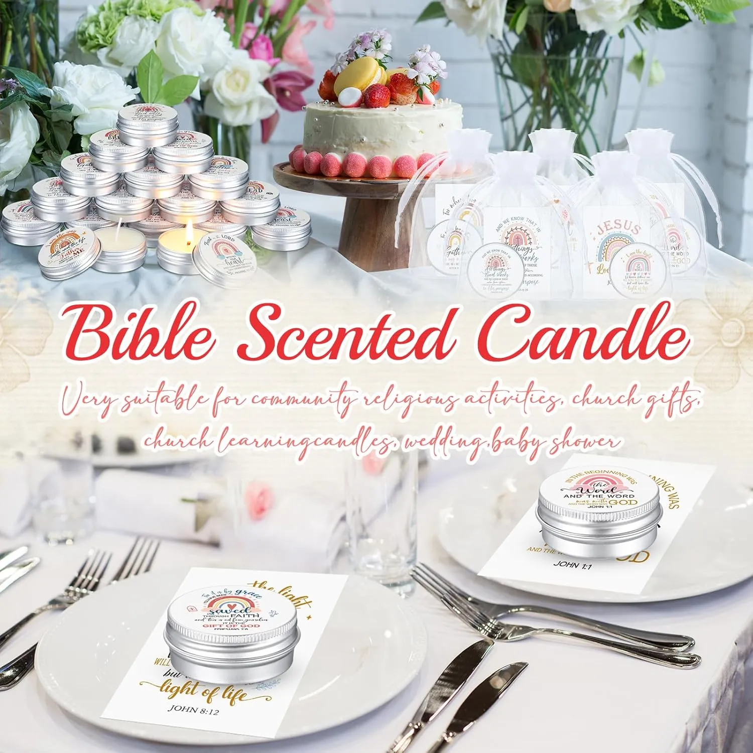 48 Pack Bible Verse Scented Candle with Scripture Cards Gift Bags, 0.3 oz Mini Candle Party Favor Christian Gifts for Baby Shower Guest Wedding Church Women Mother's Day(Boho,Rainbow)