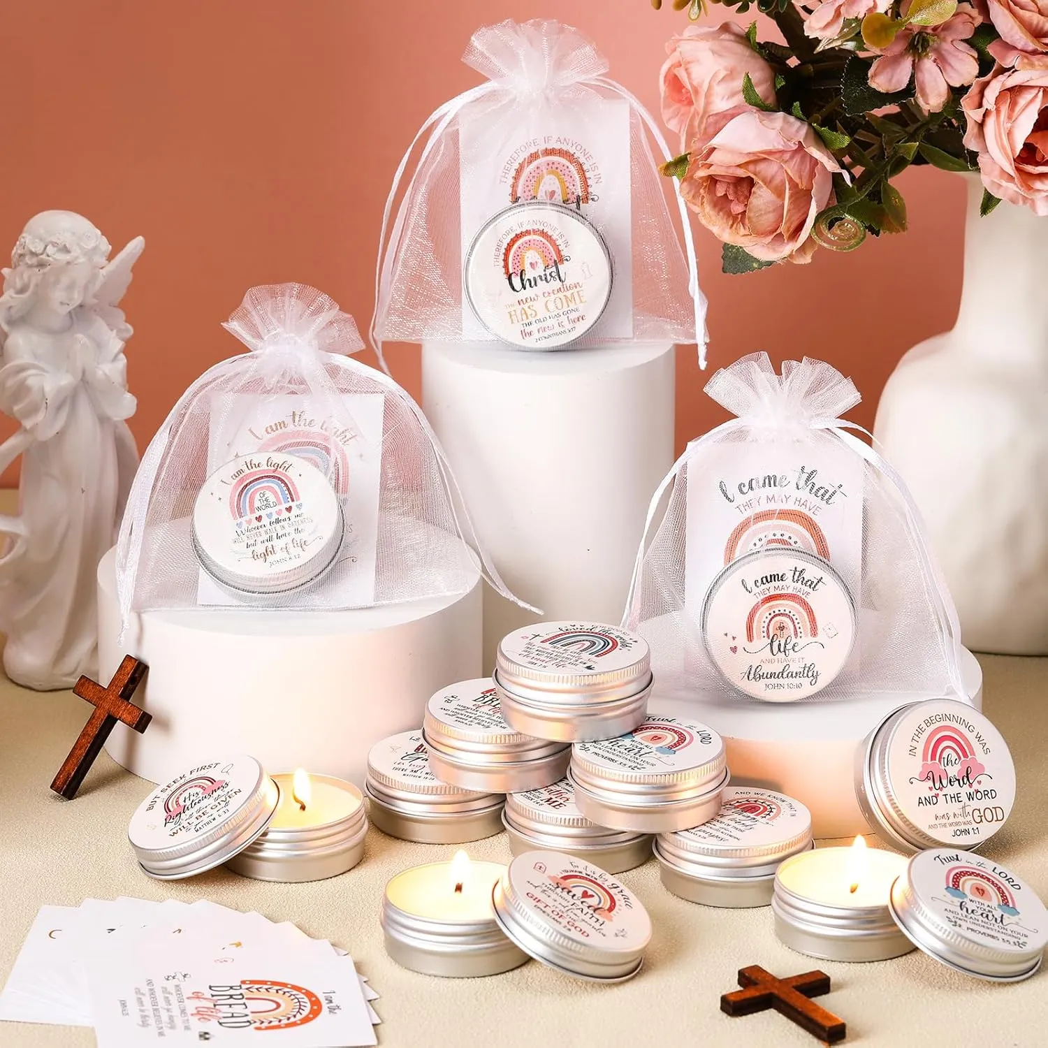 48 Pack Bible Verse Scented Candle with Scripture Cards Gift Bags, 0.3 oz Mini Candle Party Favor Christian Gifts for Baby Shower Guest Wedding Church Women Mother's Day(Boho,Rainbow)