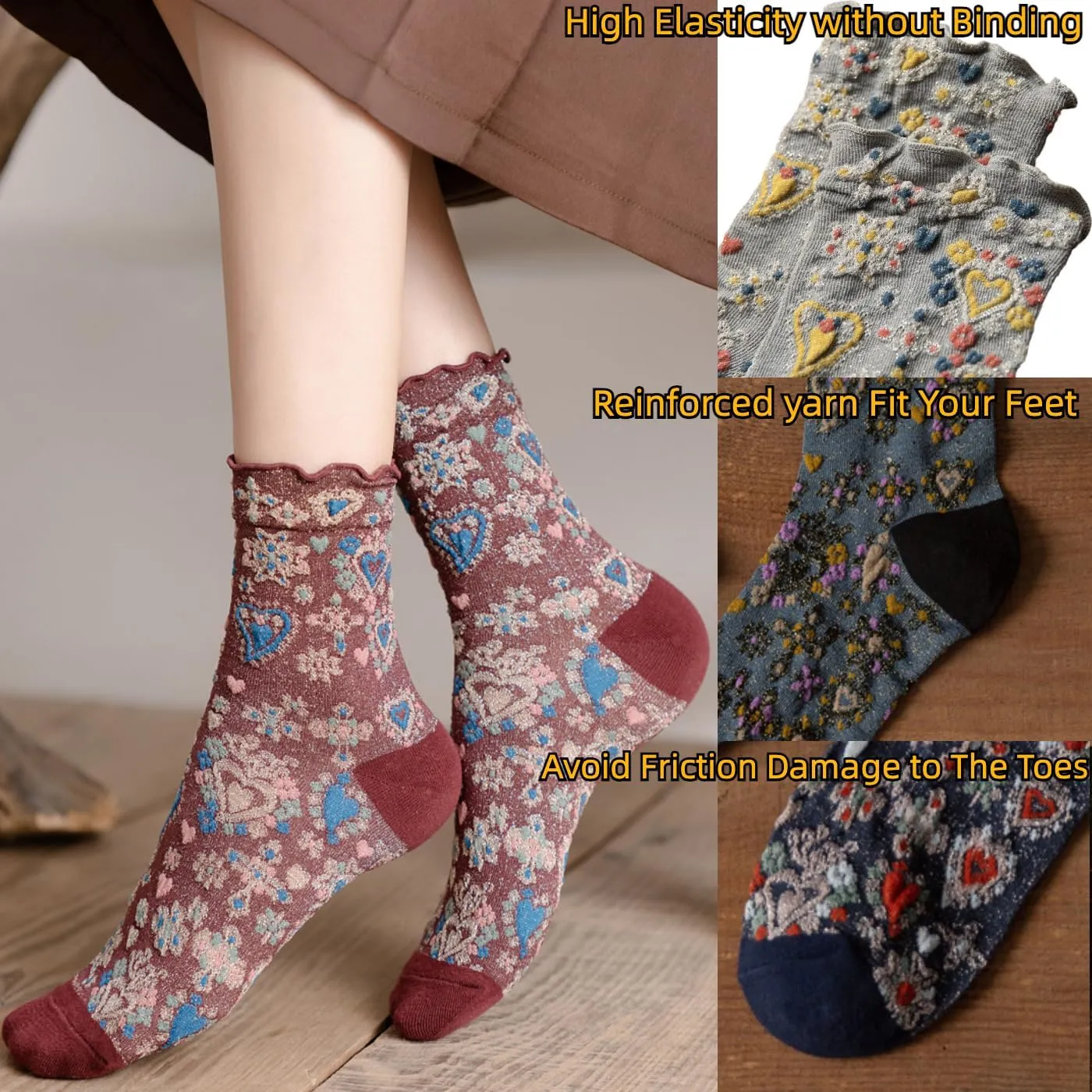 5 Pairs Floral Women Socks Winter Gifts for Women Cute Embroidered Ankle Thermal Socks Warm Thick Soft Cotton Cozy Crew Socks