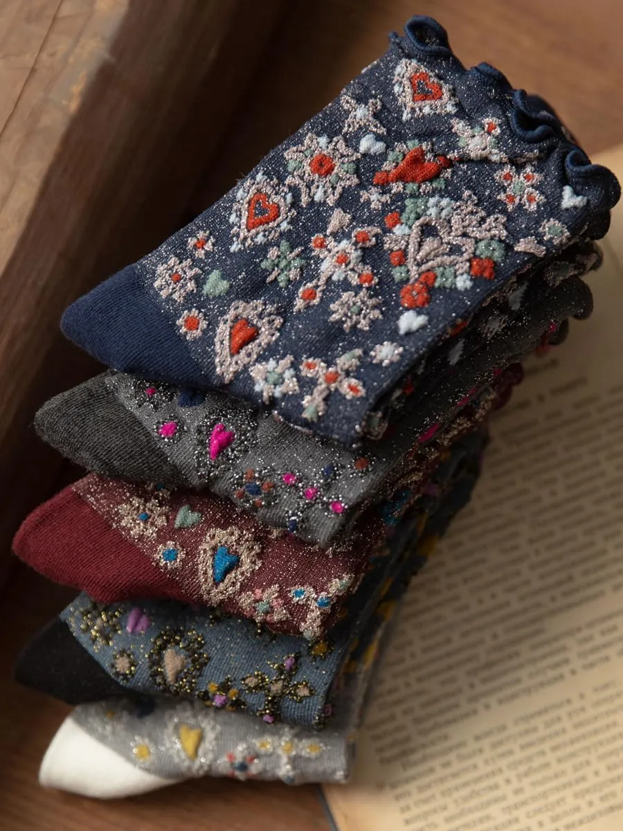 5 Pairs Floral Women Socks Winter Gifts for Women Cute Embroidered Ankle Thermal Socks Warm Thick Soft Cotton Cozy Crew Socks