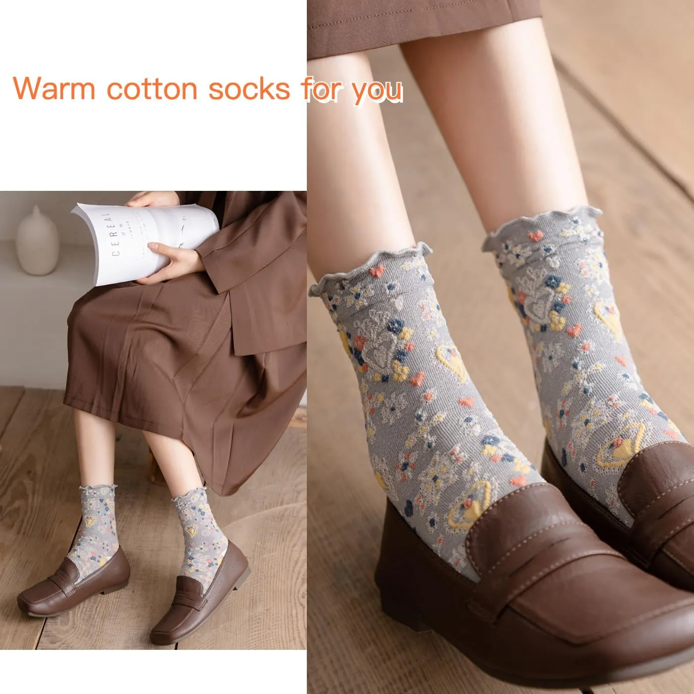 5 Pairs Floral Women Socks Winter Gifts for Women Cute Embroidered Ankle Thermal Socks Warm Thick Soft Cotton Cozy Crew Socks