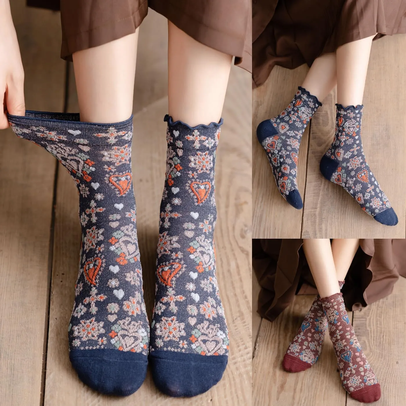 5 Pairs Floral Women Socks Winter Gifts for Women Cute Embroidered Ankle Thermal Socks Warm Thick Soft Cotton Cozy Crew Socks