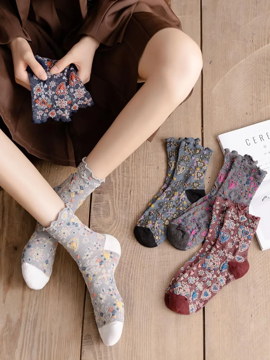 5 Pairs Floral Women Socks Winter Gifts for Women Cute Embroidered Ankle Thermal Socks Warm Thick Soft Cotton Cozy Crew Socks