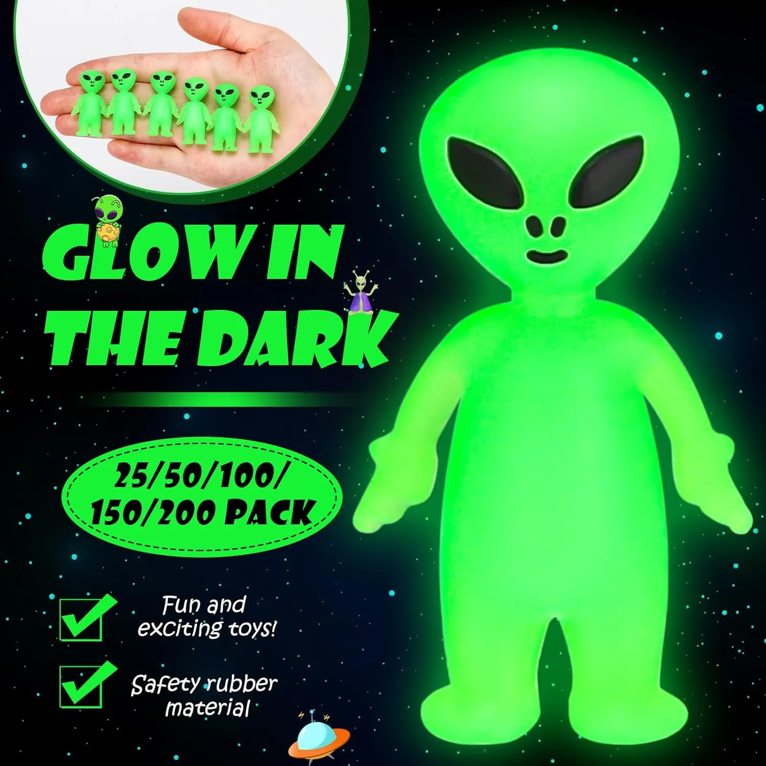 50 Pcs Mini Alien Figures Glow in The Dark Small Little Tiny Aliens Figurine for Easter Party Favors Prank Rubber Toys Bulk Gifts for Space Party Goodie Bag Fillers Piñata Stuffers