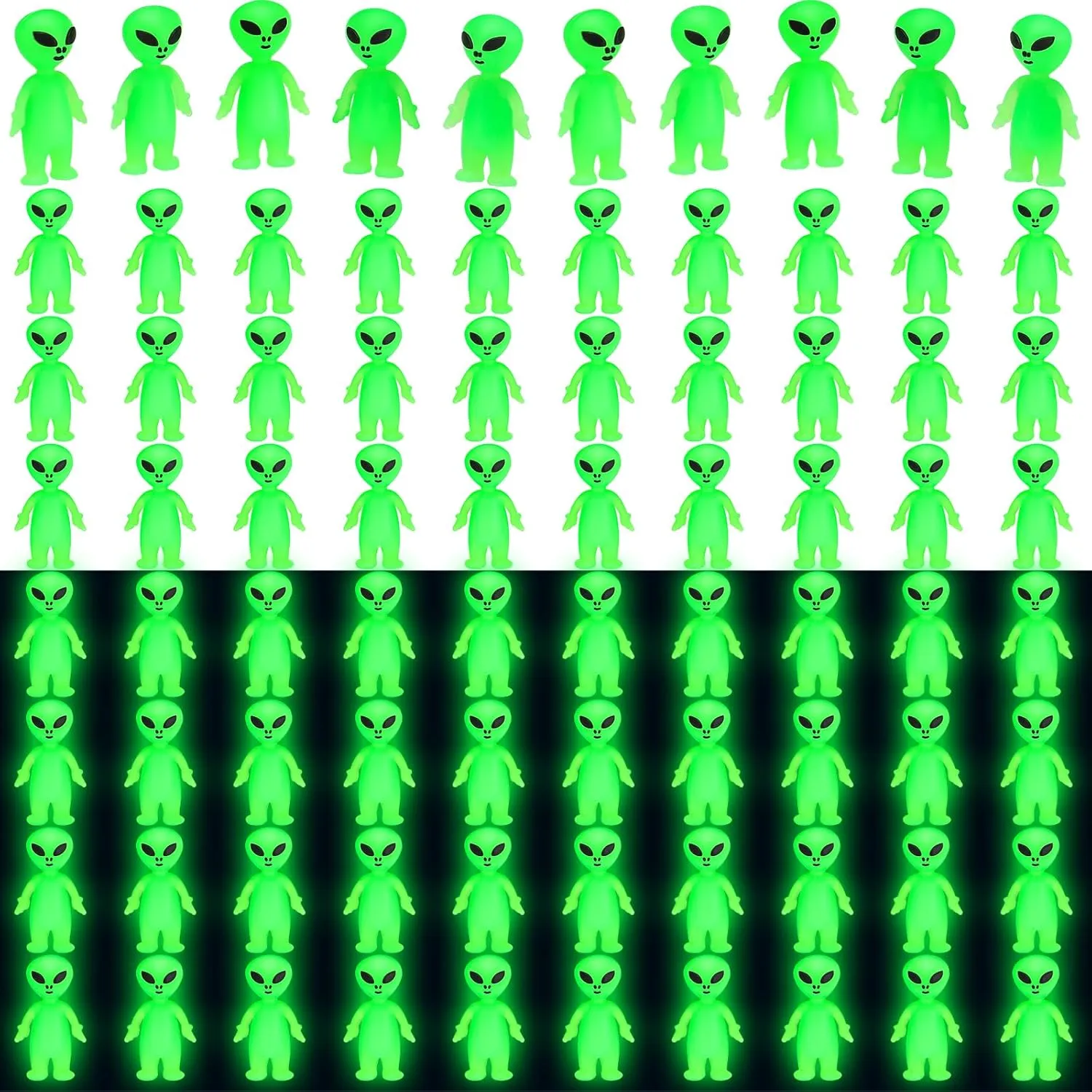 50 Pcs Mini Alien Figures Glow in The Dark Small Little Tiny Aliens Figurine for Easter Party Favors Prank Rubber Toys Bulk Gifts for Space Party Goodie Bag Fillers Piñata Stuffers