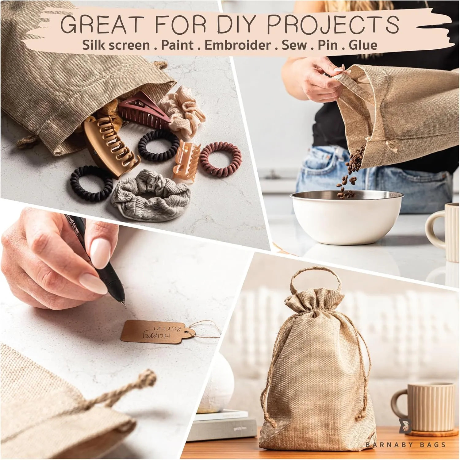 50 pk - Burlap Bags with Drawstring & Labels - Multi-Use 10" x 13" x 2" Jute Bags with Handles for Wedding, Party Favors, Diy Craft, Grocery, Household, Kitchen Storage - Rustic Burlap Gift Bags