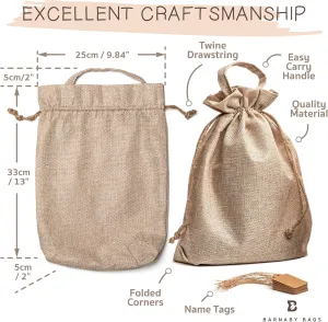 50 pk - Burlap Bags with Drawstring & Labels - Multi-Use 10" x 13" x 2" Jute Bags with Handles for Wedding, Party Favors, Diy Craft, Grocery, Household, Kitchen Storage - Rustic Burlap Gift Bags