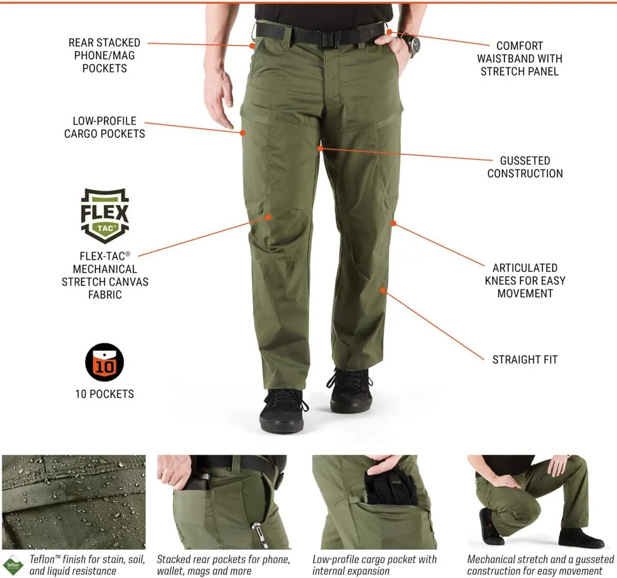 5.11 Tactical Men's Apex Pants, Regular Fit, Gusseted, 10 Pockets, Style 74434