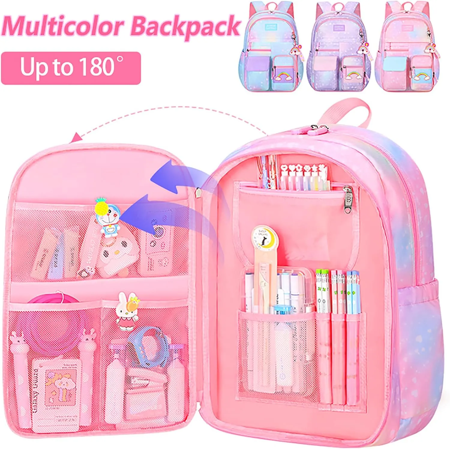 5Pcs Kawaii Backpack Set for Girls, Kids Pink Bookbag Rainbow Laptop Bag Water-Resistant Lightweight Daypack, Large Capacity School Backpack Gradient Double Shoulder Backpack (Pink)