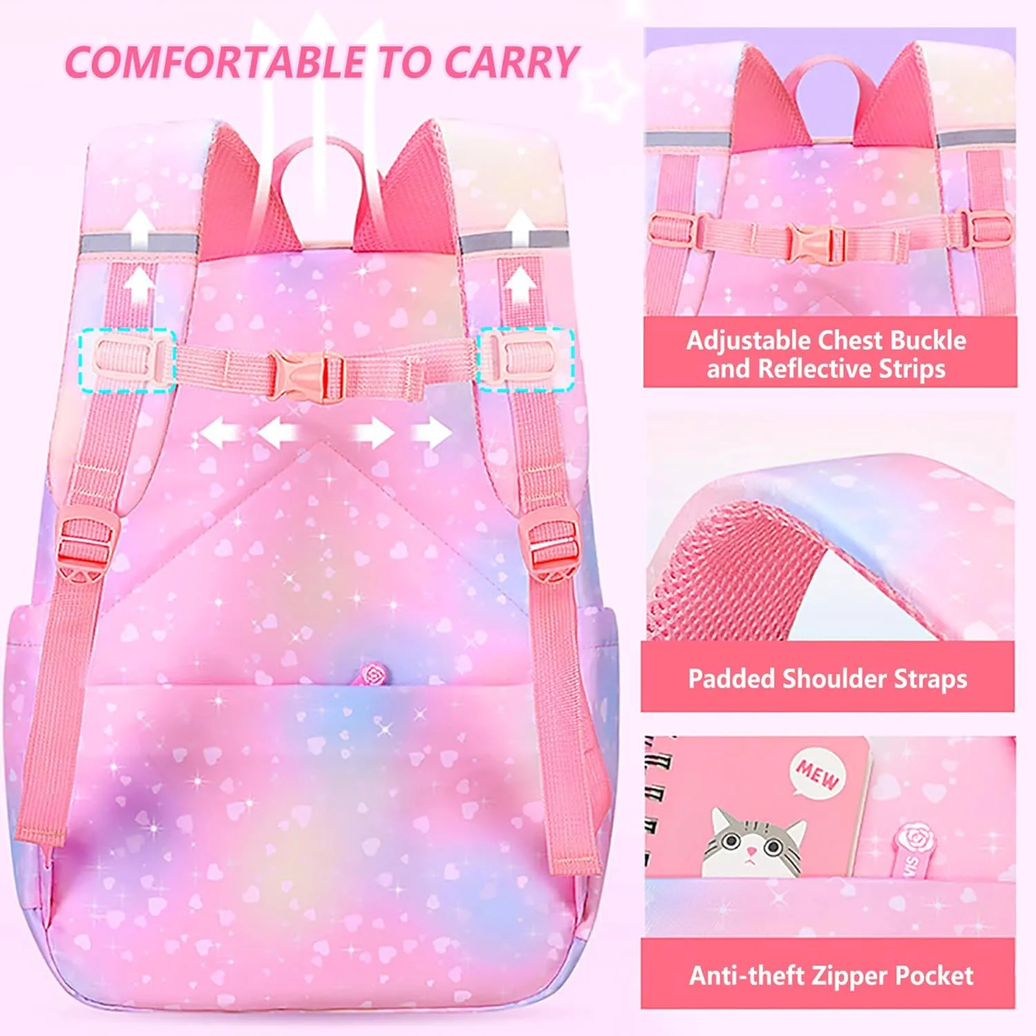 5Pcs Kawaii Backpack Set for Girls, Kids Pink Bookbag Rainbow Laptop Bag Water-Resistant Lightweight Daypack, Large Capacity School Backpack Gradient Double Shoulder Backpack (Pink)