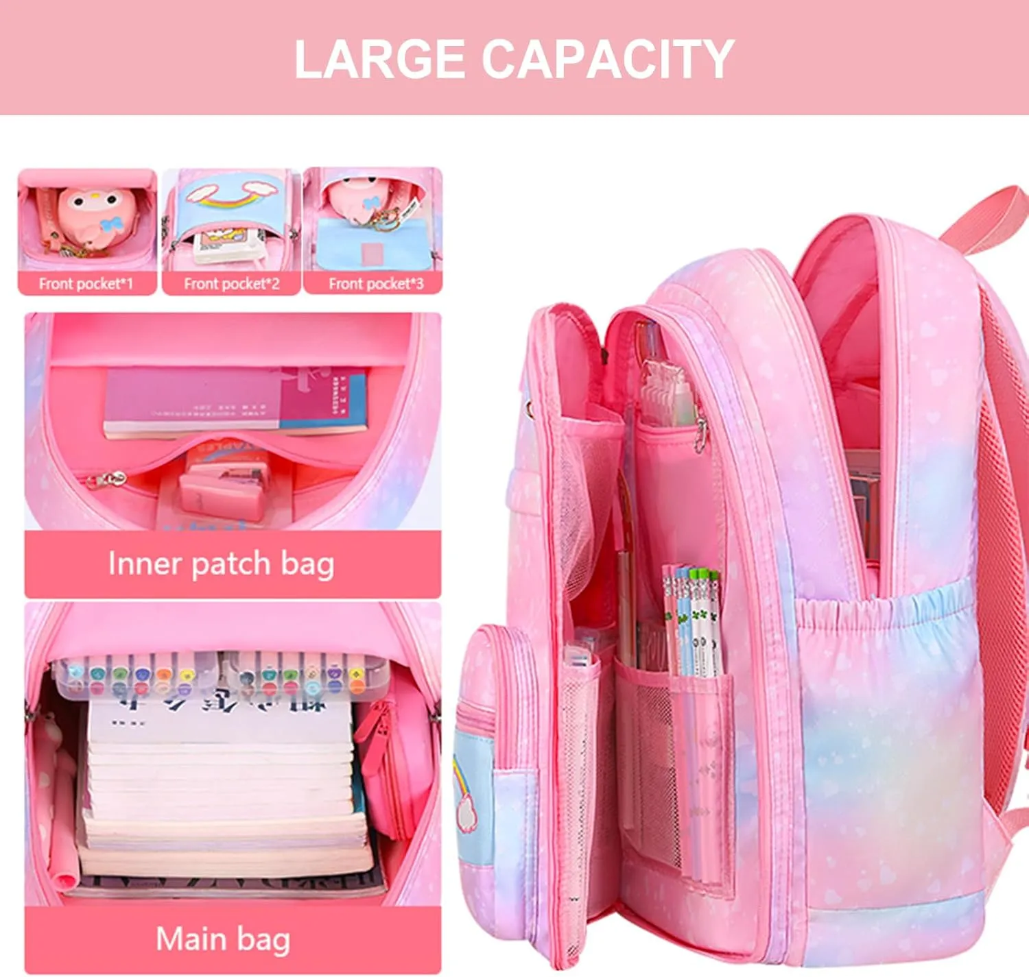 5Pcs Kawaii Backpack Set for Girls, Kids Pink Bookbag Rainbow Laptop Bag Water-Resistant Lightweight Daypack, Large Capacity School Backpack Gradient Double Shoulder Backpack (Pink)