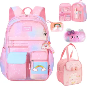 5Pcs Kawaii Backpack Set for Girls, Kids Pink Bookbag Rainbow Laptop Bag Water-Resistant Lightweight Daypack, Large Capacity School Backpack Gradient Double Shoulder Backpack (Pink)