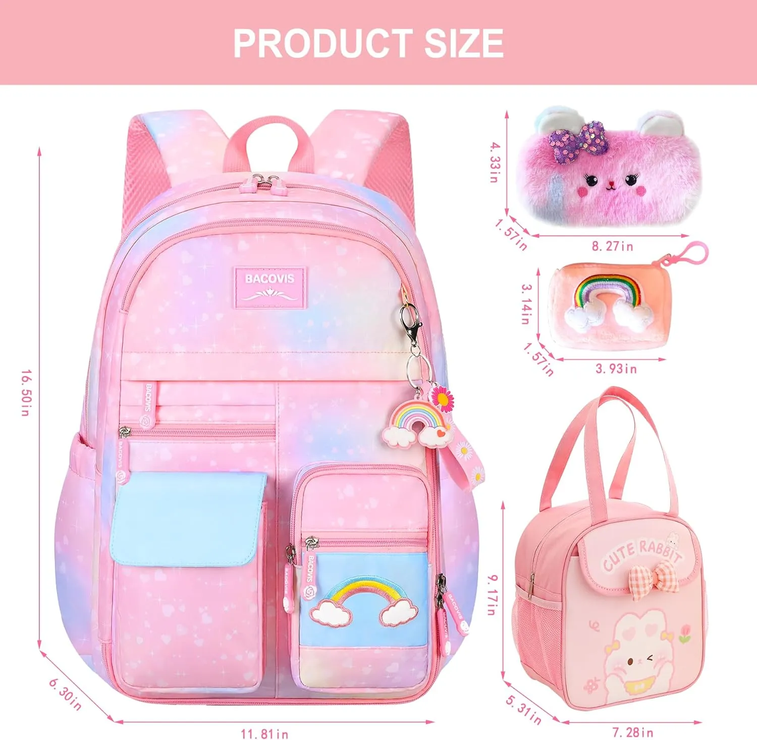 5Pcs Kawaii Backpack Set for Girls, Kids Pink Bookbag Rainbow Laptop Bag Water-Resistant Lightweight Daypack, Large Capacity School Backpack Gradient Double Shoulder Backpack (Pink)