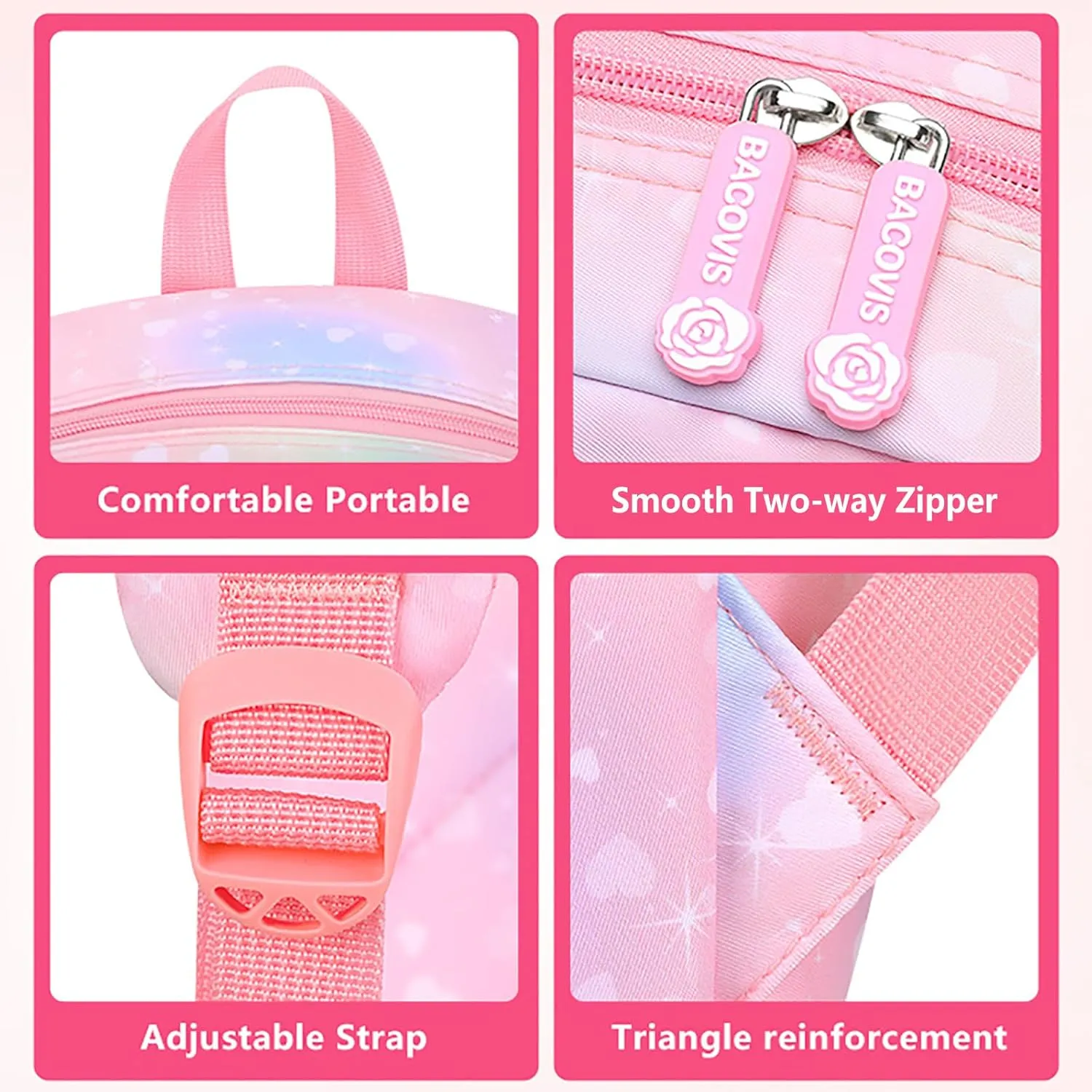 5Pcs Kawaii Backpack Set for Girls, Kids Pink Bookbag Rainbow Laptop Bag Water-Resistant Lightweight Daypack, Large Capacity School Backpack Gradient Double Shoulder Backpack (Pink)
