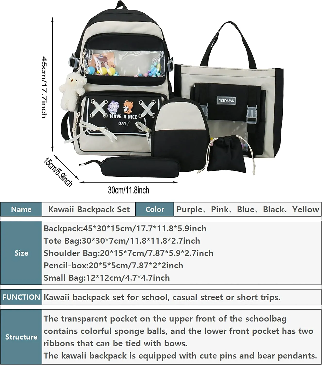 5PCS Kawaii Backpack Set with Cute Pendants and Pins Accessories Aesthetic Rucksack for Teen Girls 17in Cute School Bags Bookbag with Shoulder Bag,Pencil Box,Tote Bag,Small Bag,Black