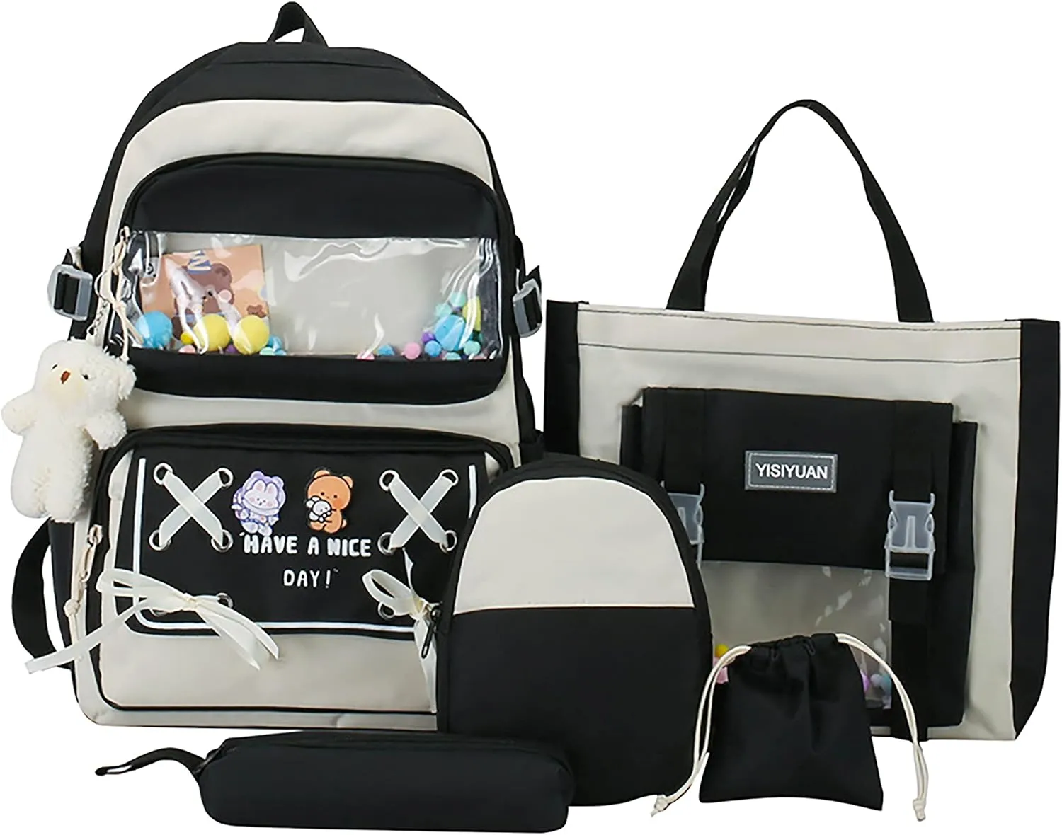 5PCS Kawaii Backpack Set with Cute Pendants and Pins Accessories Aesthetic Rucksack for Teen Girls 17in Cute School Bags Bookbag with Shoulder Bag,Pencil Box,Tote Bag,Small Bag,Black