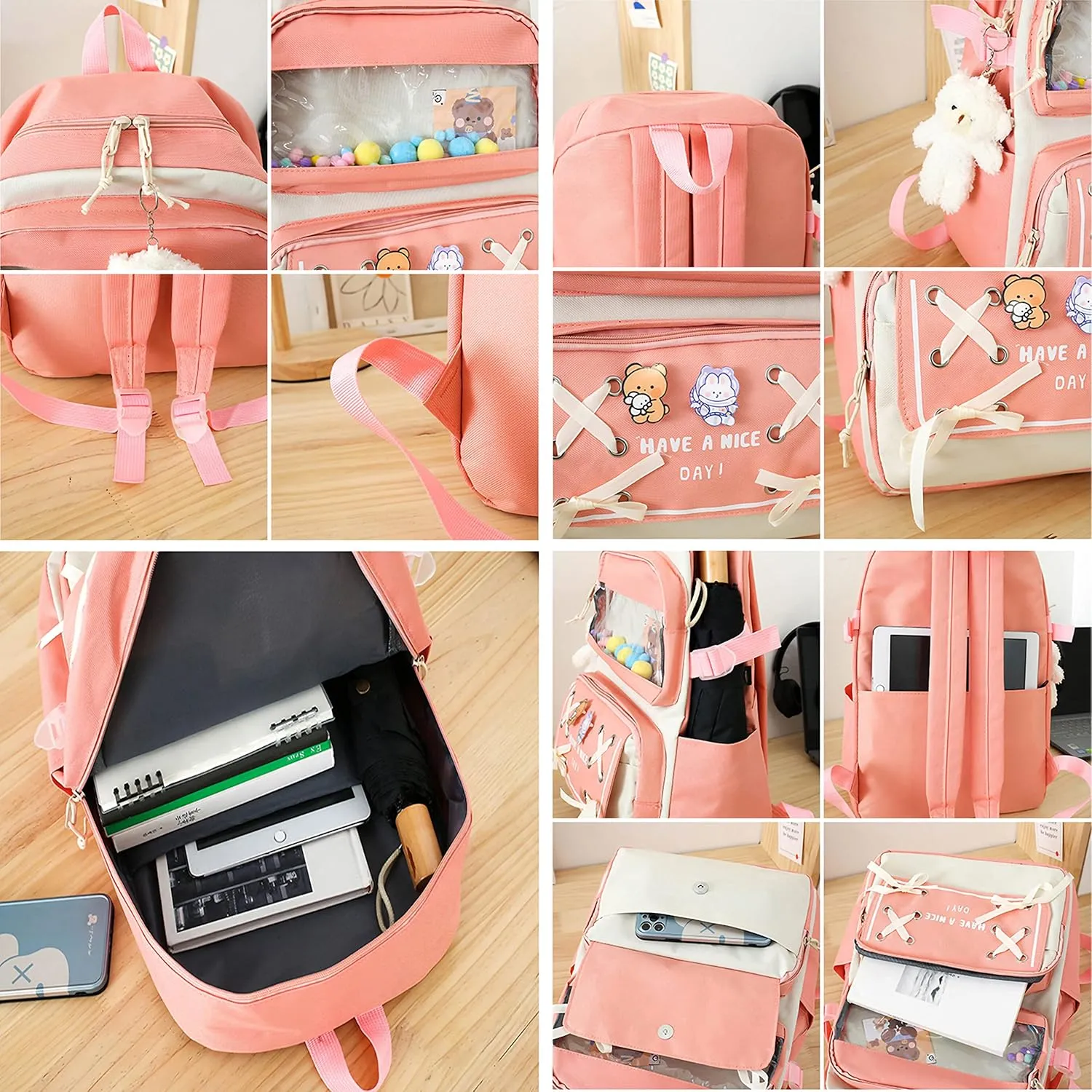5PCS Kawaii Backpack Set with Cute Pendants and Pins Accessories Aesthetic Rucksack for Teen Girls 17in Cute School Bags Bookbag with Shoulder Bag,Pencil Box,Tote Bag,Small Bag,Black