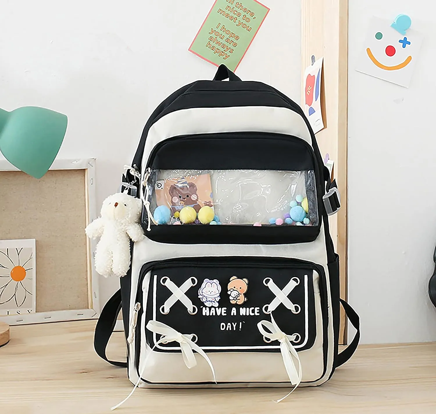 5PCS Kawaii Backpack Set with Cute Pendants and Pins Accessories Aesthetic Rucksack for Teen Girls 17in Cute School Bags Bookbag with Shoulder Bag,Pencil Box,Tote Bag,Small Bag,Black