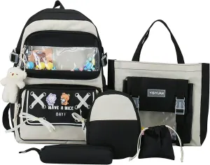 5PCS Kawaii Backpack Set with Cute Pendants and Pins Accessories Aesthetic Rucksack for Teen Girls 17in Cute School Bags Bookbag with Shoulder Bag,Pencil Box,Tote Bag,Small Bag,Black