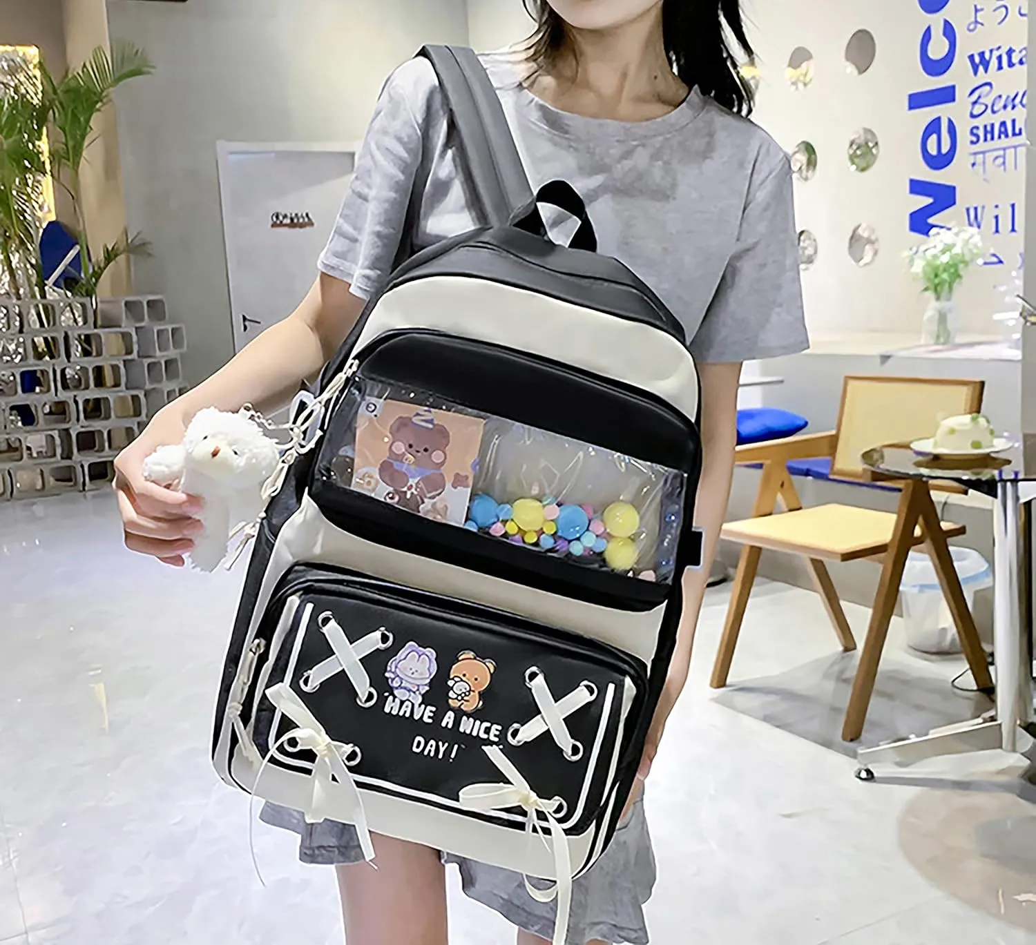 5PCS Kawaii Backpack Set with Cute Pendants and Pins Accessories Aesthetic Rucksack for Teen Girls 17in Cute School Bags Bookbag with Shoulder Bag,Pencil Box,Tote Bag,Small Bag,Black