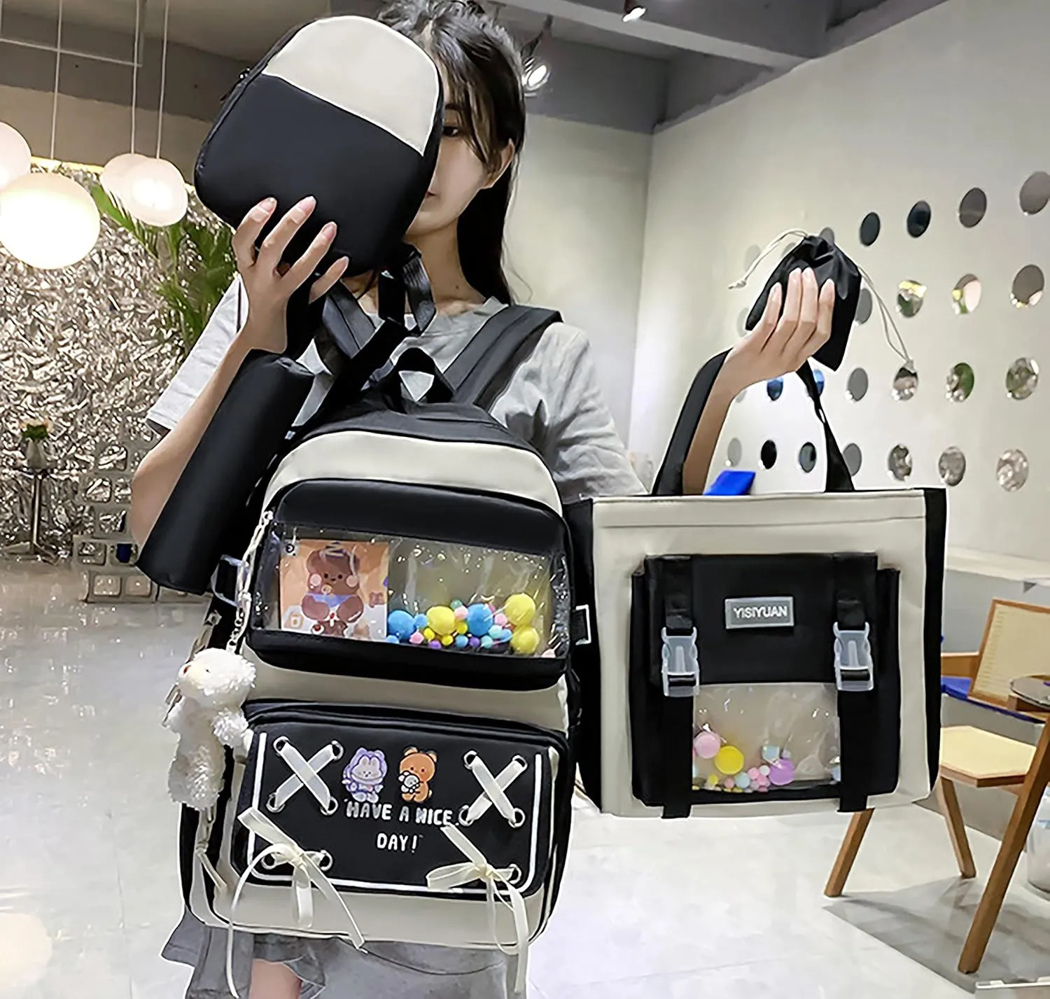 5PCS Kawaii Backpack Set with Cute Pendants and Pins Accessories Aesthetic Rucksack for Teen Girls 17in Cute School Bags Bookbag with Shoulder Bag,Pencil Box,Tote Bag,Small Bag,Black