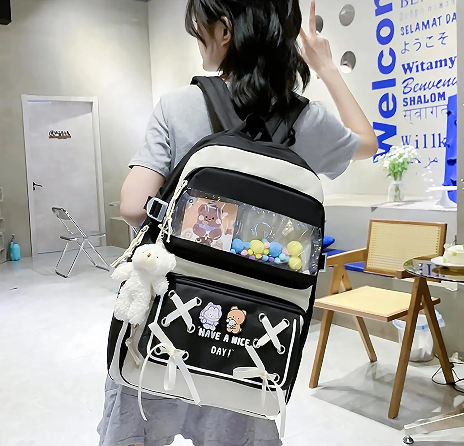 5PCS Kawaii Backpack Set with Cute Pendants and Pins Accessories Aesthetic Rucksack for Teen Girls 17in Cute School Bags Bookbag with Shoulder Bag,Pencil Box,Tote Bag,Small Bag,Black