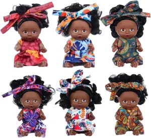 6 Pack 4 Inch African Girl Dolls Set - Black Mini Dolls with Colorful Outfits & Hairbands – Gift for Girls 3-6, 6-12 Educational Toys & Decorative Figures