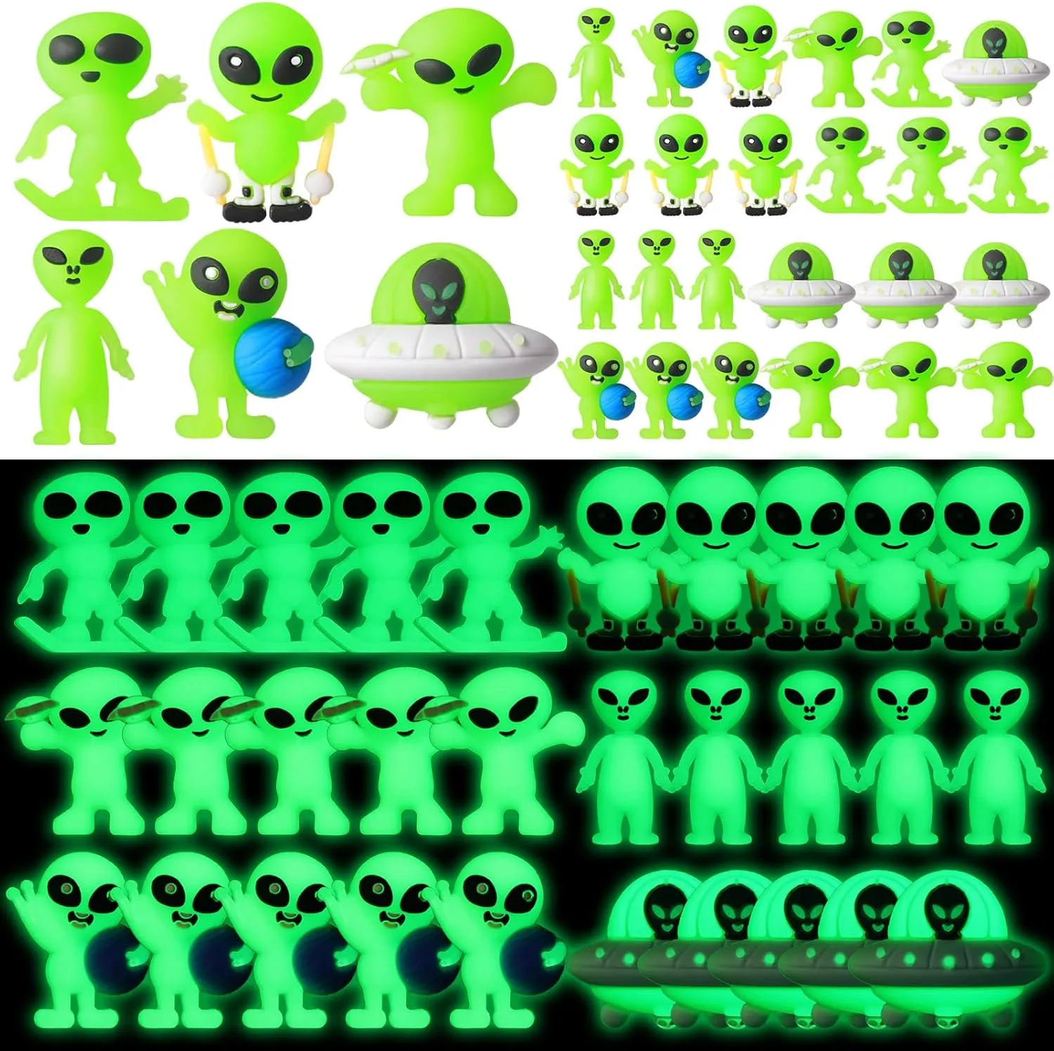 60 Pcs Glow in The Dark Mini Alien Figures Various 6 Styles Halloween Small Alien Figurines to Hide and Seek Tiny Luminous Figures for Piñata Stuffers, Playsets, Space Party Fillers