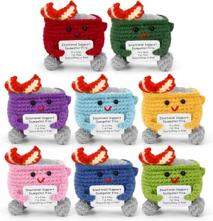 8PCS Mini Funny Emotional Support Dumpster Fire Crochet with Positive Card, Inspirational Creative Desk Decor Birthday Gifts for Women Men Coworkers Friend