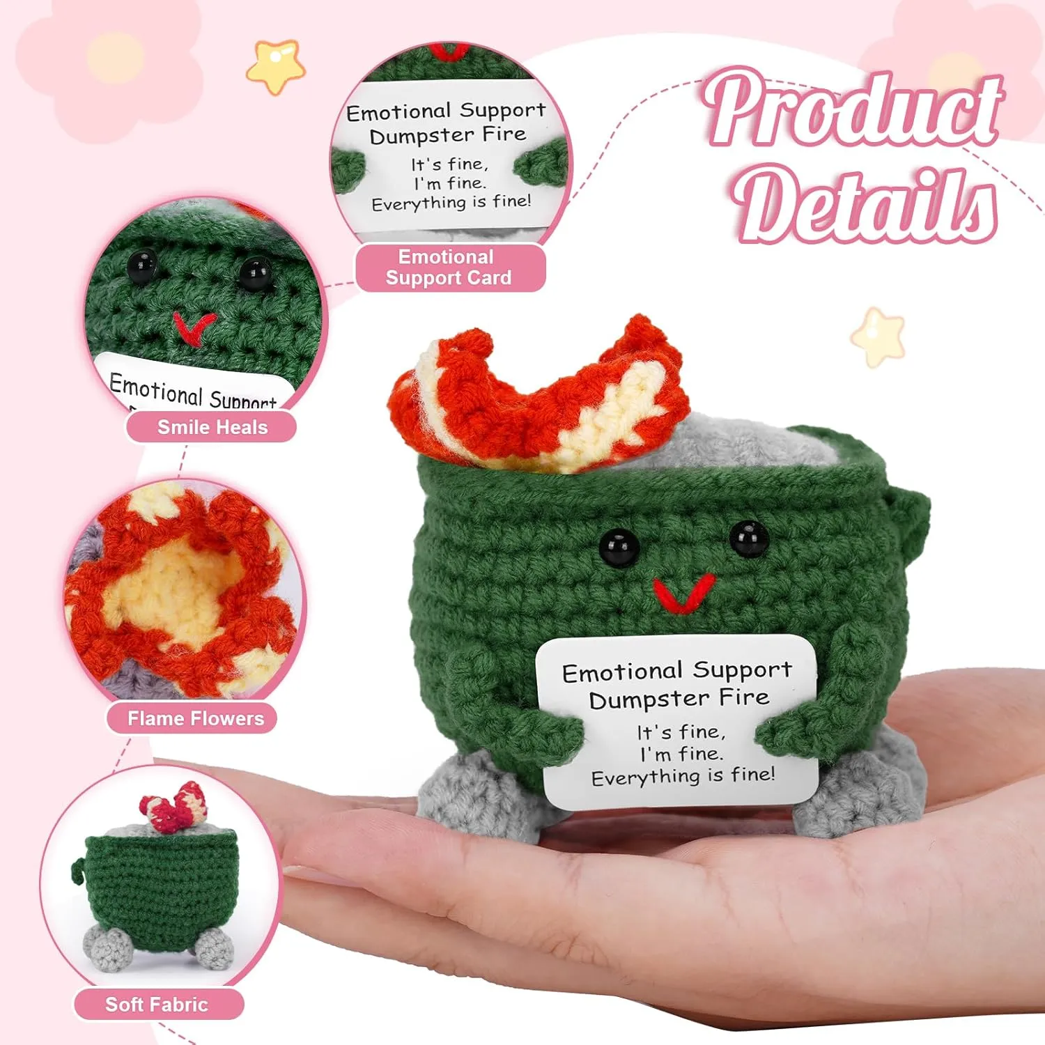 8PCS Mini Funny Emotional Support Dumpster Fire Crochet with Positive Card, Inspirational Creative Desk Decor Birthday Gifts for Women Men Coworkers Friend