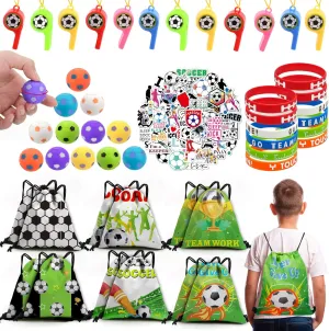 98 PCS Soccer Party Favors, Soccer Goodie Bags for boys, Soccer Party Decorations Supplies for Kids include Soccer Drawstring Bags, Whistles, Stickers, Fidget Spinners and Silicone Bracelets