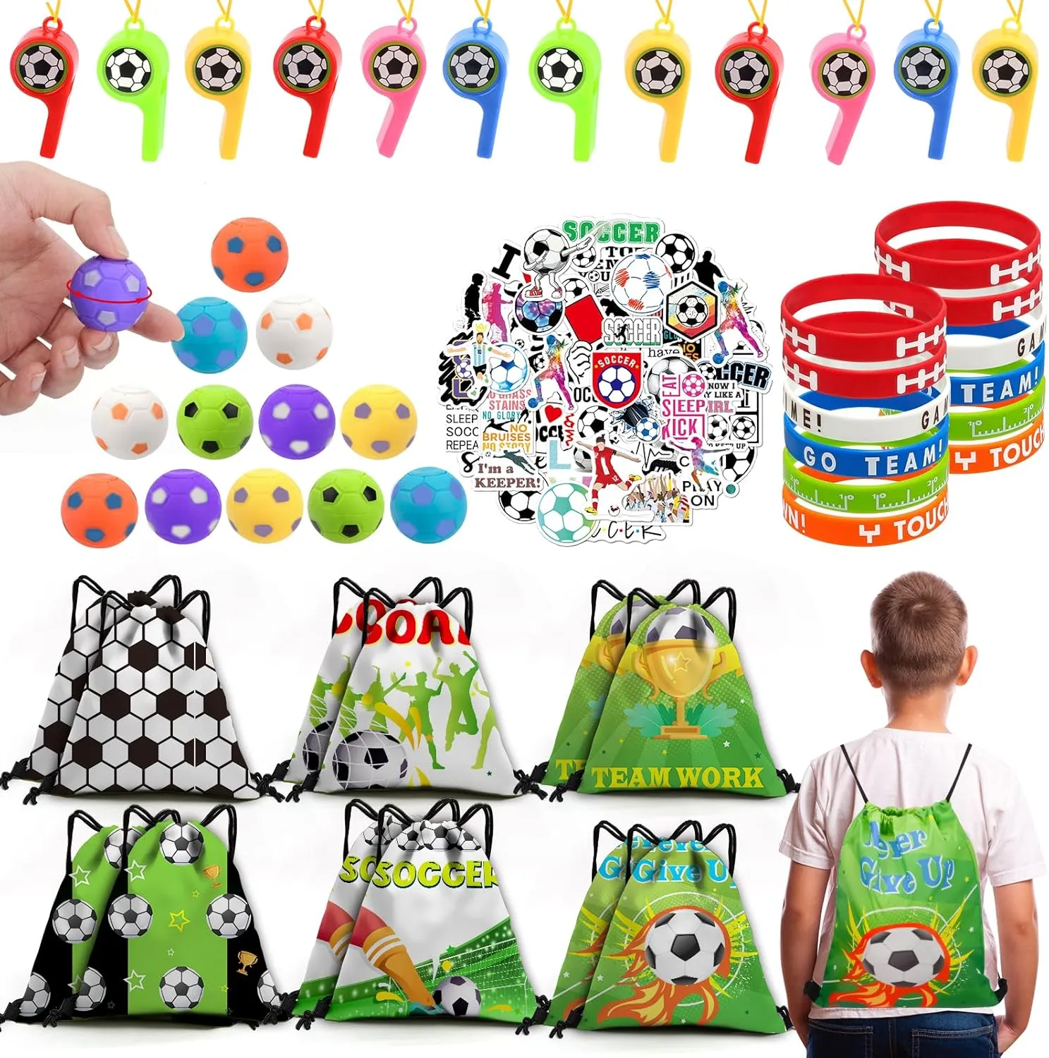 98 PCS Soccer Party Favors, Soccer Goodie Bags for boys, Soccer Party Decorations Supplies for Kids include Soccer Drawstring Bags, Whistles, Stickers, Fidget Spinners and Silicone Bracelets