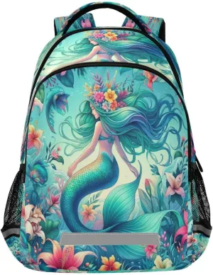 A Mermaid Girl Surrounded by An Array Of Exotic Flowers Backpack Schoolbag for Boys Girls Elementary School Bookbag Travel Bag Casual Daypack Rucksack for Students