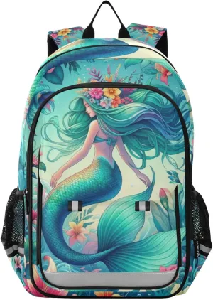 A Mermaid Girl Surrounded by An Array Of Exotic Flowers Laptop Backpack for Boys Girls, Bookbag Travel Bag Casual Daypack School Backpack for Students