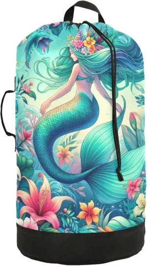 A Mermaid Girl Surrounded by An Array Of Exotic Flowers Laundry Backpack Bag with Drawstring Closure Waterproof Laundry Bag Laundry Hamper Clothes Storage for Travel Laundromat Apartment