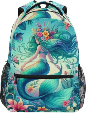 A Mermaid Girl Surrounded by An Array Of Exotic Flowers School backpack for Boys Girls, Elementary School Bookbag Travel Bag Laptop Daypack with Name Tag