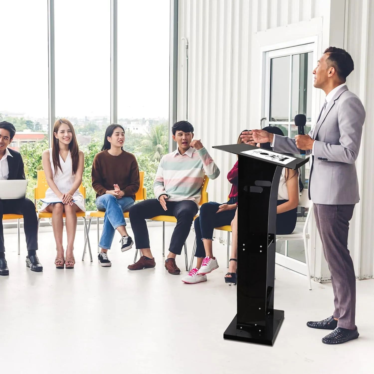 Acrylic Podium Pulpit Stand, 45" Clear Black Podium Stand with Storage Shelf for Classroom, Weddings, Conference, Concert, Professional Presentation Podiums